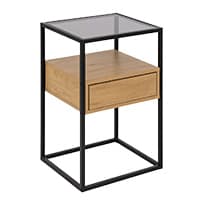 Nachttisch mit Glasplatte und Holzschublade in schwarzem Metallrahmen