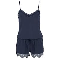 Dunkelblaues Pyjama-Set mit Spitzenbesatz an Ausschnitt und Shorts, schmale Träger und Kordelzug in der Taille