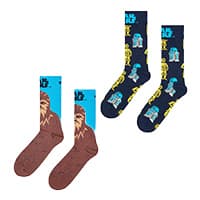 Zwei Paar Socken mit Star Wars Motiven, ein Paar mit Chewbacca, das andere Paar mit R2-D2 und C-3PO.