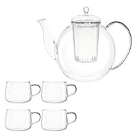 Transparente Teekanne mit vier passenden Teetassen, alles aus Glas
