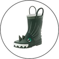 Kinder-Gummistiefel in grün mit Drachenmotiv, Zähne und Augen vorne, zwei Schlaufen oben für leichtes Anziehen