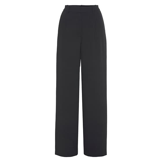 Schwarze, hoch taillierte Hose mit weitem Bein und seitlichen Taschen vor weißem Hintergrund