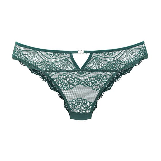 Grüner Spitzen-Slip mit floralen Mustern und kleinem Zierelement vorne