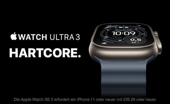 Apple Watch Ultra 3 – HARTCORE – Nahaufnahme der Uhr mit schwarzem Display und blauen Armband. Erfordert iPhone 11 oder neuer.