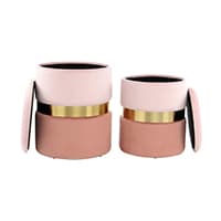 Zwei runde Aufbewahrungsboxen mit abnehmbaren Deckeln, eine größer und eine kleiner, in Rosa und Braun mit goldenen Akzenten.