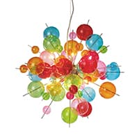 Hängelampe mit bunten, kugelförmigen Elementen in verschiedenen Farben wie rot, blau, grün, orange und pink