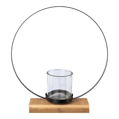 Glaswindlicht mit Metallring auf rechteckigem Holzsockel, moderne Dekoration für Innenräume