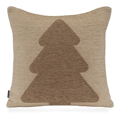 Quadratisches Kissen mit dunkelbraunem Tannenbaum-Motiv auf beigem Hintergrund