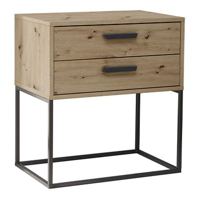 Naturholz-Nachttisch mit zwei Schubladen und schwarzem Metallgestell