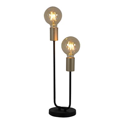 Tischlampe mit zwei leuchtenden Glühbirnen auf schwarzem Sockel, verbunden durch schwarze Metallstangen