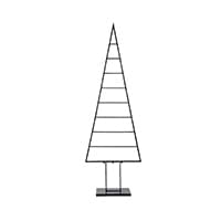 Minimalistisch gestalteter Tannenbaum aus Draht mit sieben horizontalen Streben, montiert auf rechteckigem Sockel