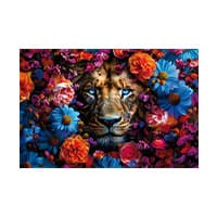 Löwe mit intensivem Blick umgeben von bunten Blumen in Blau, Orange, Rosa und Violett