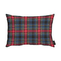 Rechteckiges Kissen mit kariertem Muster in Rot, Blau, Grün und Gelb auf schwarzem Hintergrund