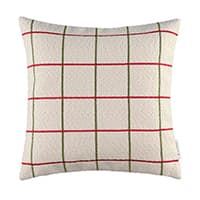 Quadratisches Kissen mit rot-grünem Karomuster auf weißem Hintergrund
