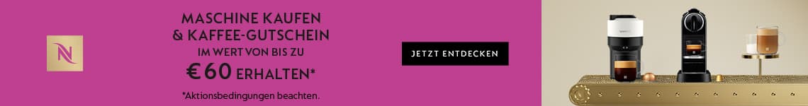 Maschine kaufen & Kaffee-Gutschein bis zu €60 erhalten – drei Nespresso-Maschinen und eine Tasse Kaffee auf goldener Oberfläche