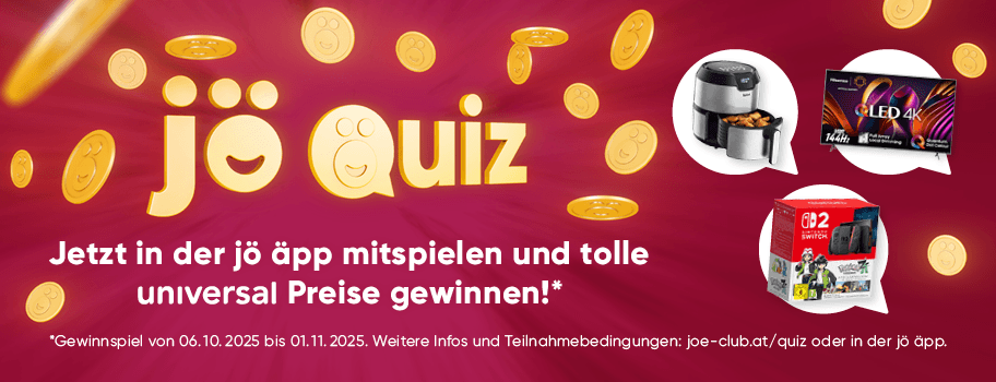 jö Quiz – Jetzt in der jö äpp mitspielen und tolle universal Preise gewinnen! Luftfritteuse, Fernseher, Nintendo Switch, Münzen