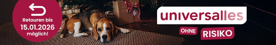 Retouren bis 15.01.2026 möglich! Hund liegt auf Teppich neben Geschenkboxen unter dem Weihnachtsbaum.