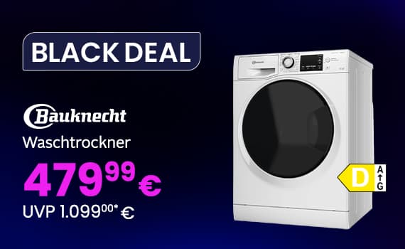 BLACK DEAL – Bauknecht Waschtrockner für 479,99 € statt 1.099,00 € – weißer Waschtrockner mit schwarzer Tür und Energieklasse D