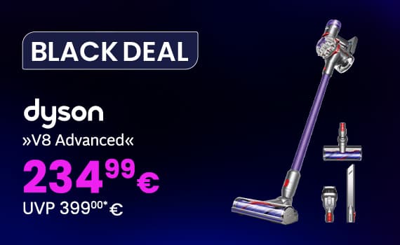 BLACK DEAL dyson V8 Advanced 234,99 € UVP 399,00 € – kabelloser Staubsauger und Zubehör vor dunklem Hintergrund