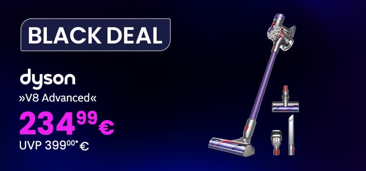 BLACK DEAL dyson V8 Advanced 234,99 € UVP 399,00 € – kabelloser Staubsauger und Zubehör vor dunklem Hintergrund