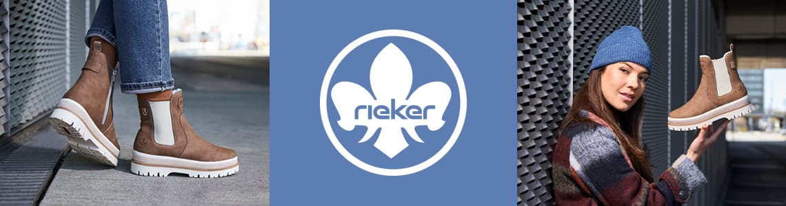 Rieker Logo – Nahaufnahme von braunen Chelsea Boots mit weißer Sohle – Frau mit blauem Mütze hält braunen Chelsea Boot in der Hand