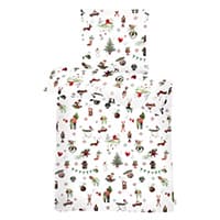 Bettwäsche-Set mit weihnachtlichen Motiven wie Tannenbaum, Geschenke, Lebkuchenmänner und Weihnachtsmann auf weißem Hintergrund