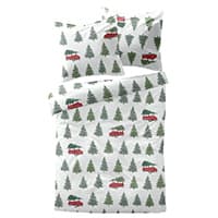 Bettwäsche-Set mit Weihnachtsmotiv, rote Autos und grüne Tannenbäume auf weißem Hintergrund