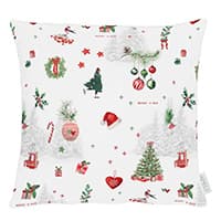 Weißes Kissen mit Weihnachtsmotiven, wie Weihnachtsbaum, Geschenke, Christbaumkugeln, Schneemann, Weihnachtsmütze und Herz.