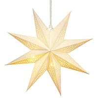 Hängender, gelber Stern mit kleinen Löchern und Beleuchtung innen, strahlt warmes Licht aus