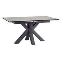 Moderner rechteckiger Tisch mit einer X-förmigen Basis, dunkle Oberfläche und Beine.