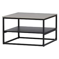 Quadratischer Couchtisch mit zwei Ebenen, obere Ebene hell, untere Ebene dunkel, schwarzes Gestell