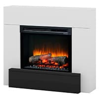 Elektrischer Kamin mit weißer Umrandung und schwarzer Basis zeigt brennende Holzscheite und realistische Flammen