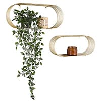 Zwei dekorative Wandregale, eines mit hängender Pflanze und Glasbehälter, das andere mit zwei braunen Gefäßen