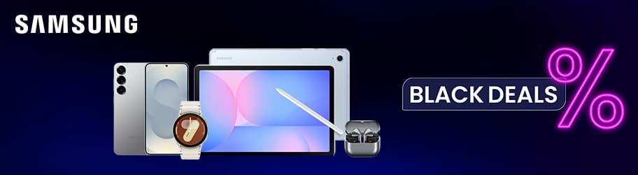 BLACK DEALS – Samsung Smartphone, Smartwatch, Tablet und kabellose Kopfhörer vor blauem Hintergrund