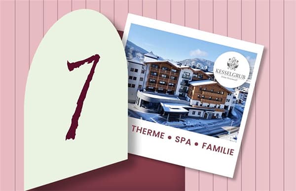 Kesselgrub Dein Familienhotel – Foto des Hotels im Schnee neben großer Zahl 7 auf hellem Hintergrund