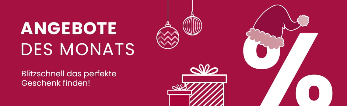 Angebote des Monats – Blitzschnell das perfekte Geschenk finden! Große Prozentzeichen mit Weihnachtsmütze und zwei Geschenke darunter.