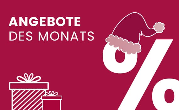 Angebote des Monats – Blitzschnell das perfekte Geschenk finden! Prozentzeichen mit Weihnachtsmütze und zwei Geschenkboxen