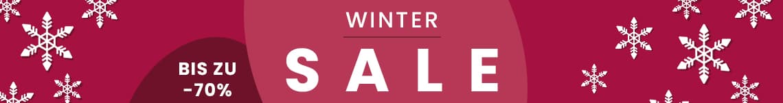 Winter Sale bis zu -70% – Roter Hintergrund mit weißen Schneeflocken