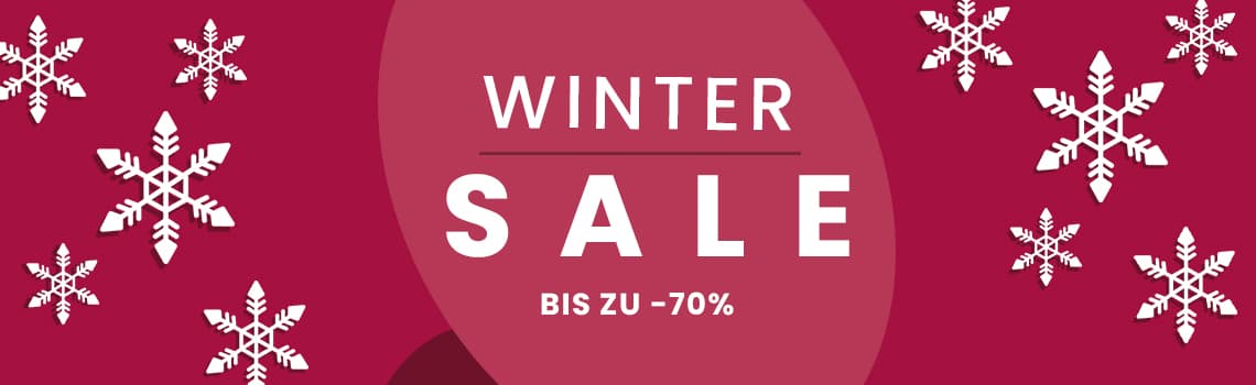 Winter Sale bis zu -70% auf rotem Hintergrund mit weißen Schneeflocken.