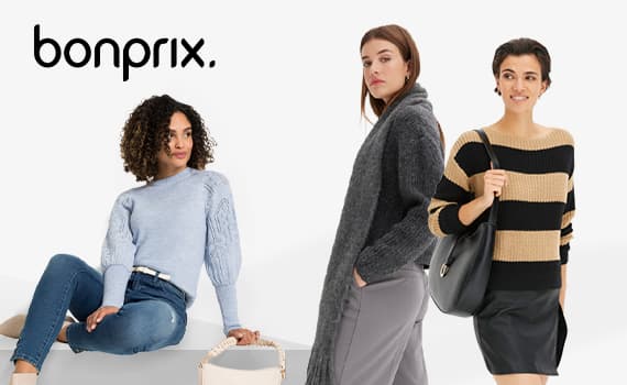 bonprix – Drei Frauen in verschiedenen Pullovern und Outfits posieren vor weißem Hintergrund.