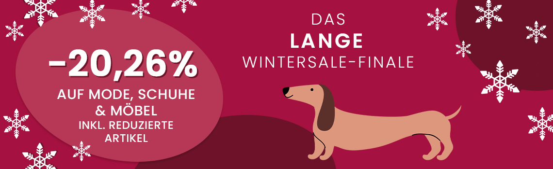 -20,26 % auf Mode, Schuhe & Möbel inkl. reduzierte Artikel – Winter-Sale-Finale mit Dackel und Schneeflocken auf rotem Hintergrund