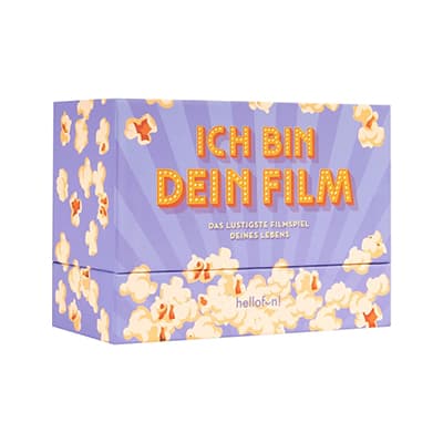 ICH BIN DEIN FILM – lila Box mit Popcorn-Muster und Schriftzug des lustigsten Filmspiels deines Lebens.