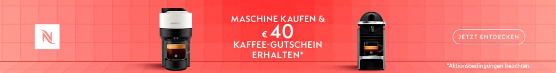 Maschine kaufen & €40 Kaffee-Gutschein erhalten – Zwei Kaffeemaschinen auf rotem Hintergrund, Nespresso-Logo links