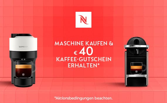 Maschine kaufen & €40 Kaffee-Gutschein erhalten – zwei Kaffeemaschinen auf rotem Hintergrund, Aktionsbedingungen beachten.