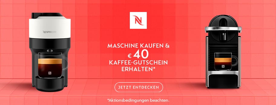 Maschine kaufen & €40 Kaffee-Gutschein erhalten – Zwei Nespresso-Maschinen vor rotem Hintergrund