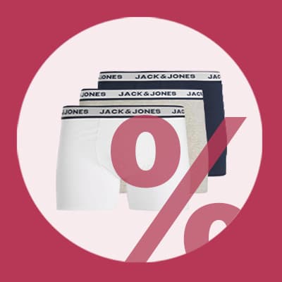Prozentzeichen über drei Boxershorts in verschiedenen Farben mit "Jack & Jones"-Bund