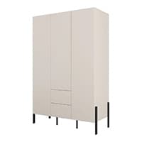 Beiger Kleiderschrank mit drei Türen und zwei Schubladen, steht auf schwarzen Beinen