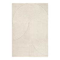 Beiger Teppich mit geschwungenen Linien im geometrischen Muster.