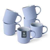 6er Set blau gerippte Kaffeetassen, gestapelt und nebeneinander stehend