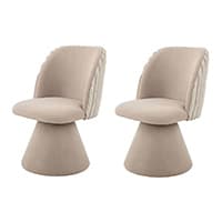 Zwei beigefarbene Stühle mit konischem Sockel und gewölbter Rückenlehne.